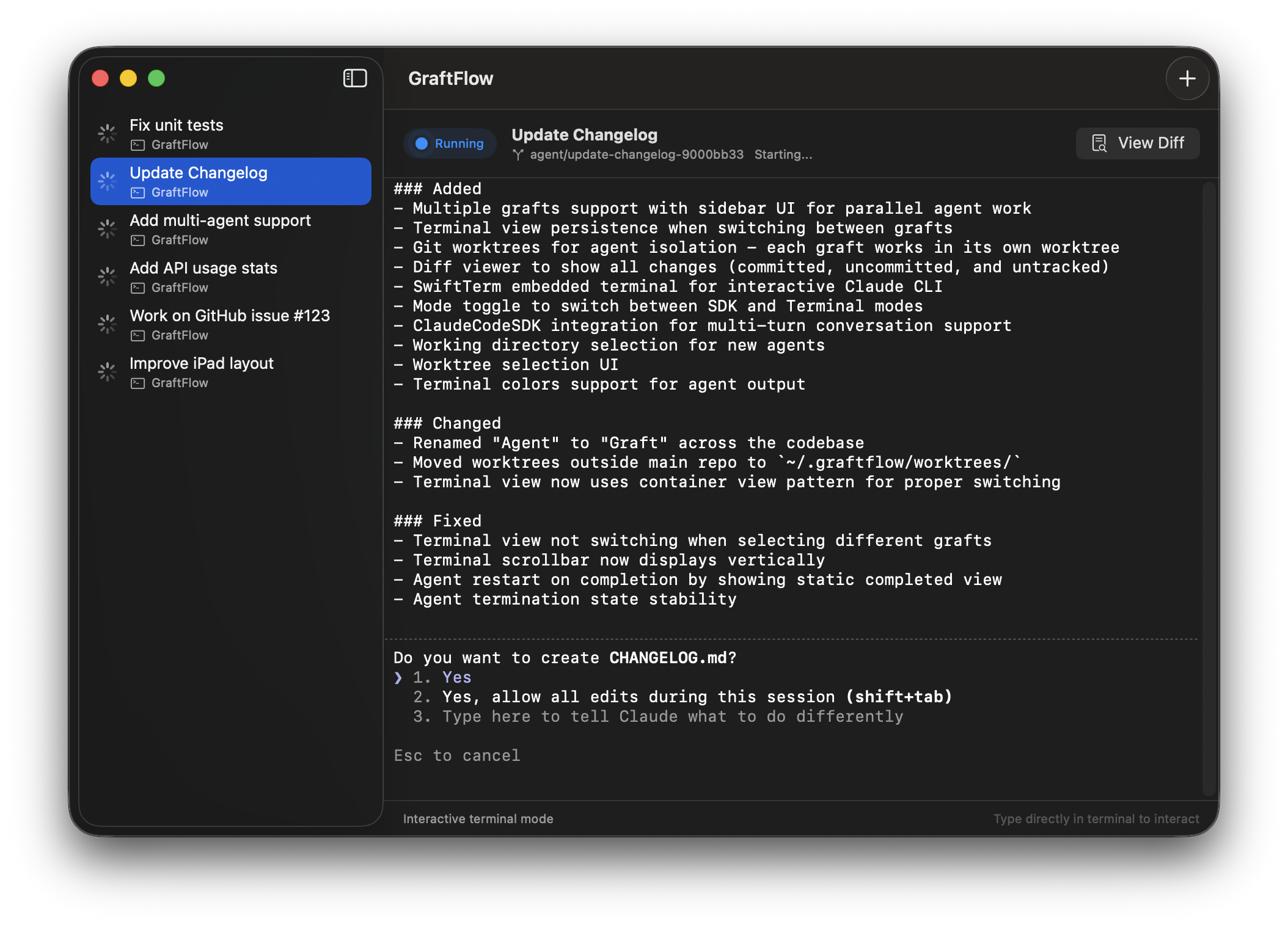 GraftFlow app showing multiple agents running in parallel